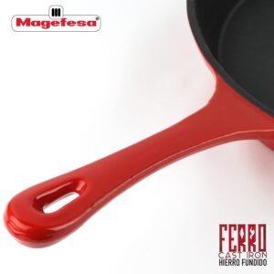 MAGEFESA Cast Iron Skillet FERRO, optimal retention and heat distribution, for all types of Cooktop, induction, oven safe, energy saving, easy cleaning, long durability (RED SKILLET, 12.2”)