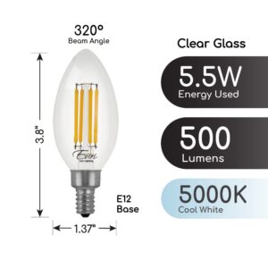 Euri Lighting VB10-3050cec-4, 4-Pack Dimmable LED B10 Filament, 5.5W (50W Equiv) 500lm, 90+ CRI, Cool White (5000K) E12, 120V, Wet Rated, UL,CA Compliant 3YR 15K HR WTY