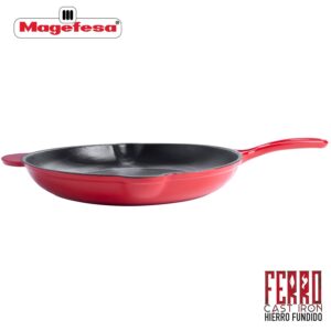 MAGEFESA Cast Iron Skillet FERRO, optimal retention and heat distribution, for all types of Cooktop, induction, oven safe, energy saving, easy cleaning, long durability (RED SKILLET, 12.2”)