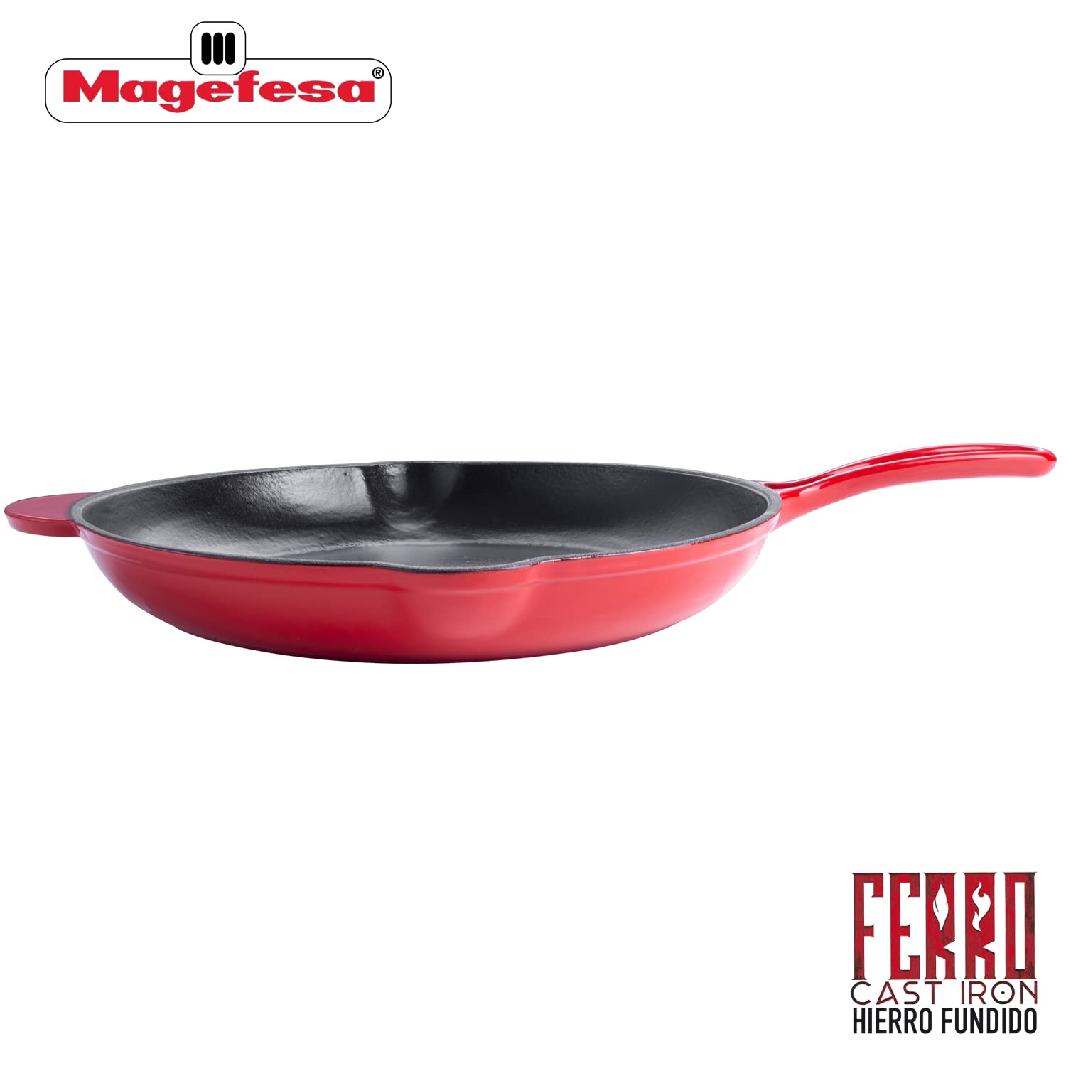 MAGEFESA Cast Iron Skillet FERRO, optimal retention and heat distribution, for all types of Cooktop, induction, oven safe, energy saving, easy cleaning, long durability (RED SKILLET, 12.2”)