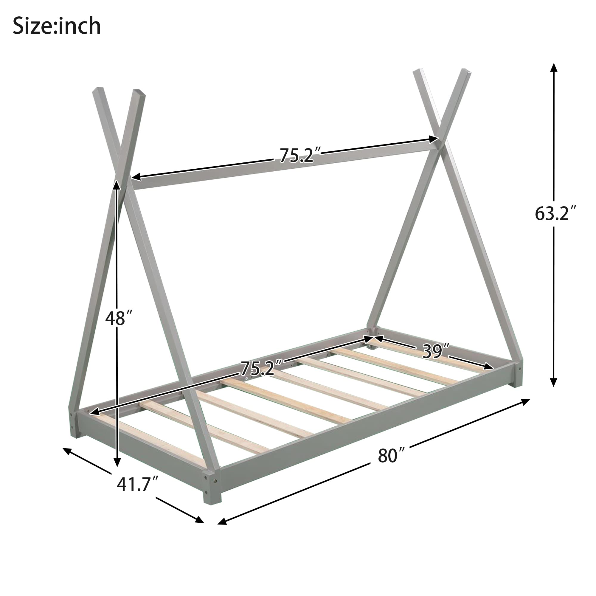 Twin House Bed, Floor Bed, Tent Bed, Wood Platform Bed Frame with Roof for Toddlers Kids Boys Girls Teens, No Box Spring Needed – Gray