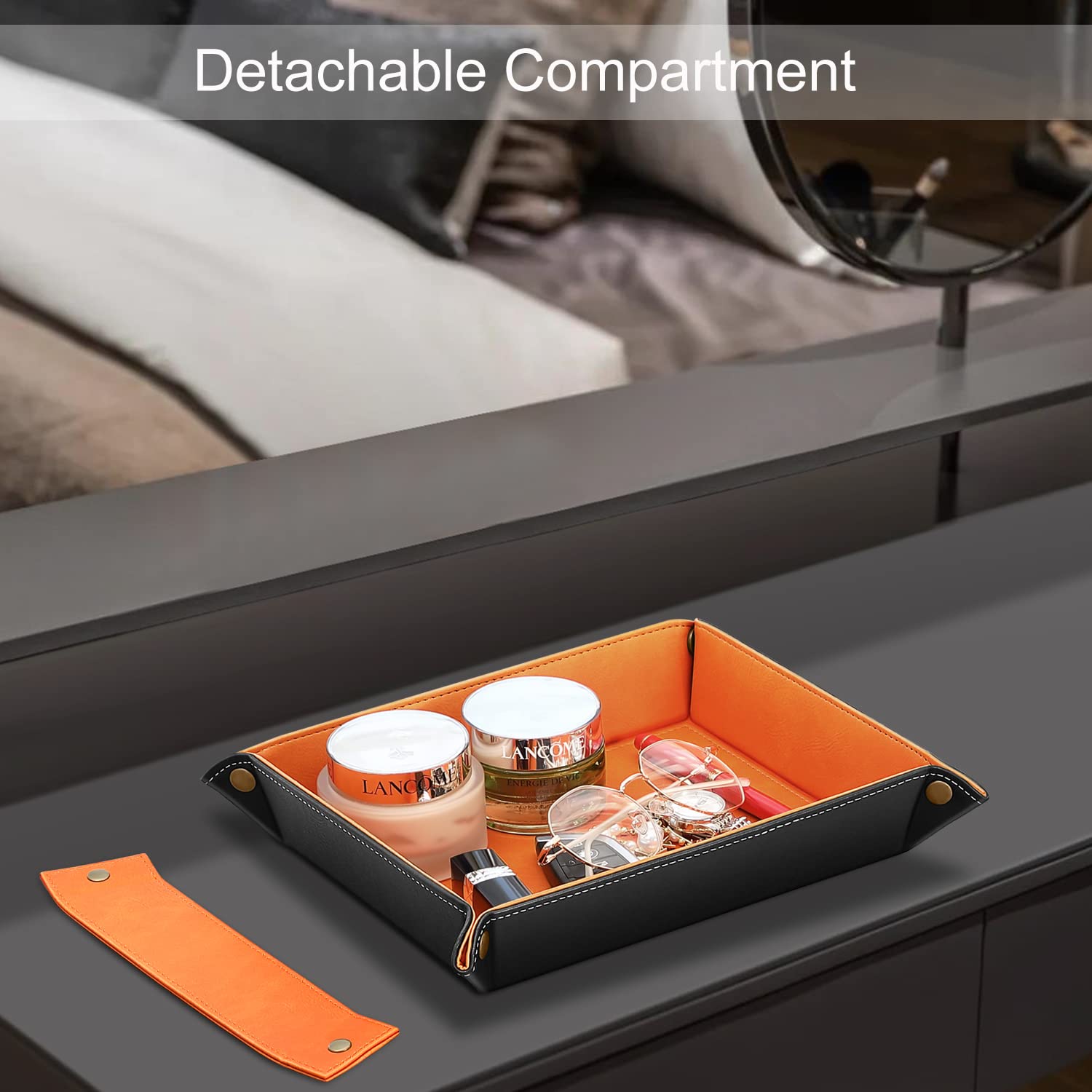 SITHON Valet Tray Desktop Storage Organizer – Removable 2 Compartments Catchall Tray Bedside Vanity Tray Nightstand Caddy Holder Desk Storage Plate, Orange