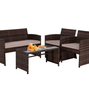 Patio Furniture Set Outdoor Furniture Wicker Conversation Set Rattan Outdoor Chairs Loveseats with Cushion Glass Table for Outdoor Indoor Use Poolside Lawn Porch Balcony Garden (Brown and Khaki)