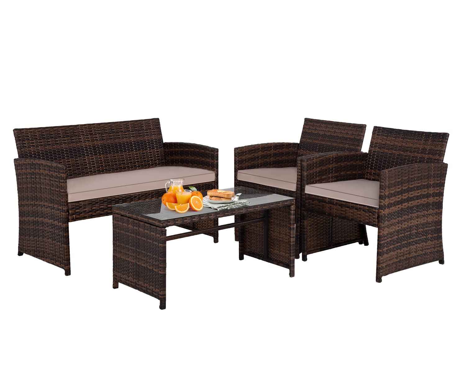 Patio Furniture Set Outdoor Furniture Wicker Conversation Set Rattan Outdoor Chairs Loveseats with Cushion Glass Table for Outdoor Indoor Use Poolside Lawn Porch Balcony Garden (Brown and Khaki)