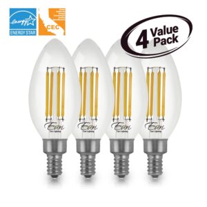 Euri Lighting VB10-3050cec-4, 4-Pack Dimmable LED B10 Filament, 5.5W (50W Equiv) 500lm, 90+ CRI, Cool White (5000K) E12, 120V, Wet Rated, UL,CA Compliant 3YR 15K HR WTY