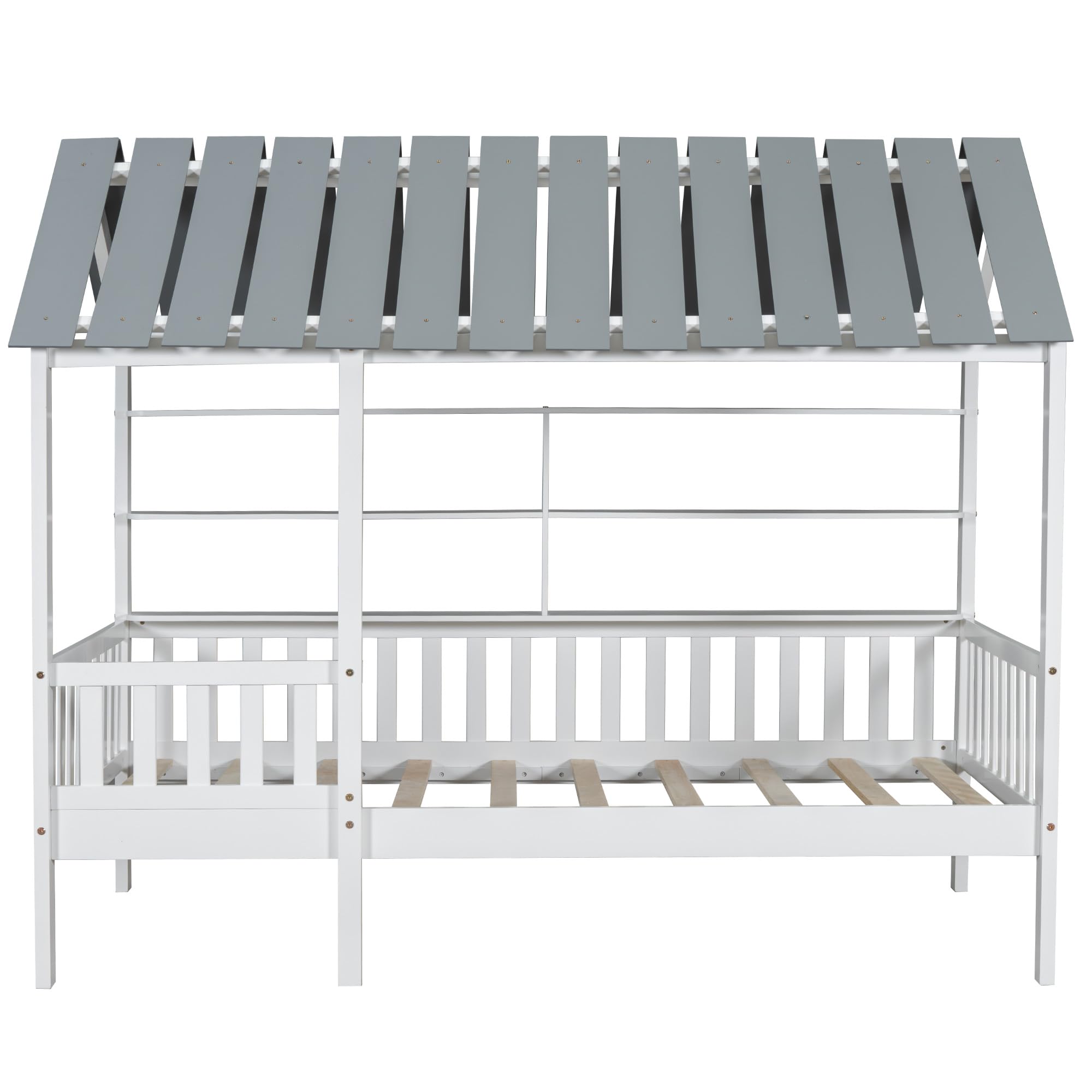 Harper & Bright Designs House Bed Twin Size with Fence Guardrails, Montessori Bed Frame with Storage Shelves, Wood Playhouse Beds for Kids Girls Boys, White