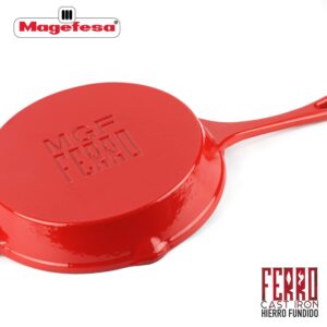 MAGEFESA Cast Iron Skillet FERRO, optimal retention and heat distribution, for all types of Cooktop, induction, oven safe, energy saving, easy cleaning, long durability (RED SKILLET, 12.2”)