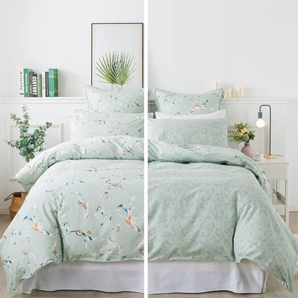 FADFAY Twin XL Duvet Cover, 100% Cotton Teal/Light Green Reversible Comforter Cover College Dorm Room Bedding Sets - Ultra Soft Pattern Printed Leaf Bedding, 3Pcs, Twin Extra Long