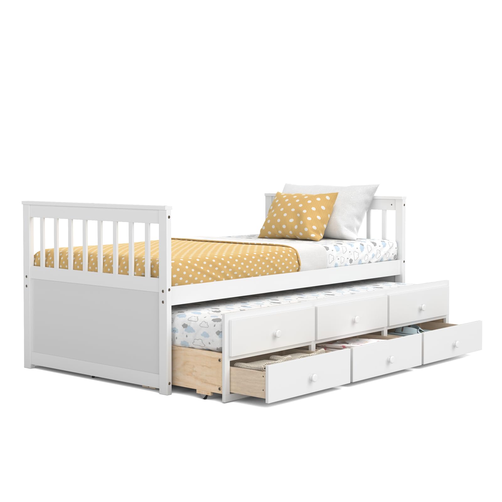 KOMFOTT Wood Twin Trundle Bed with Storage Drawers, Daybed with Trundle, No Box Spring Needed Daybed Frame, Twin Size Captain’s Bed