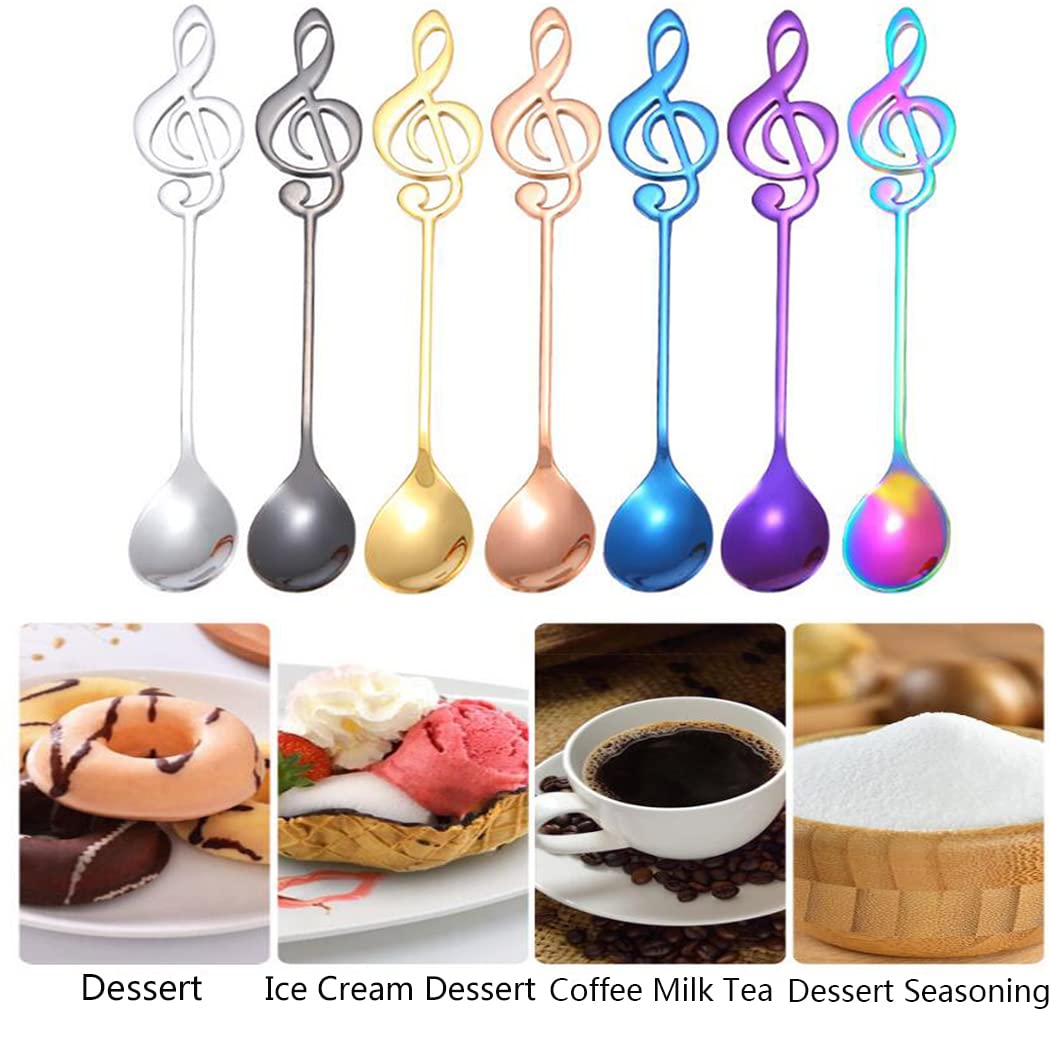 Hoshen 7-Piece Musical Note Coffee Spoon Set, 6-Inch Stainless Steel Ice Cream Tea Sugar Spoon, Espresso Stirring Spoon, Cold Drinks, Desserts, Party Stirring Tableware - 7 Colors