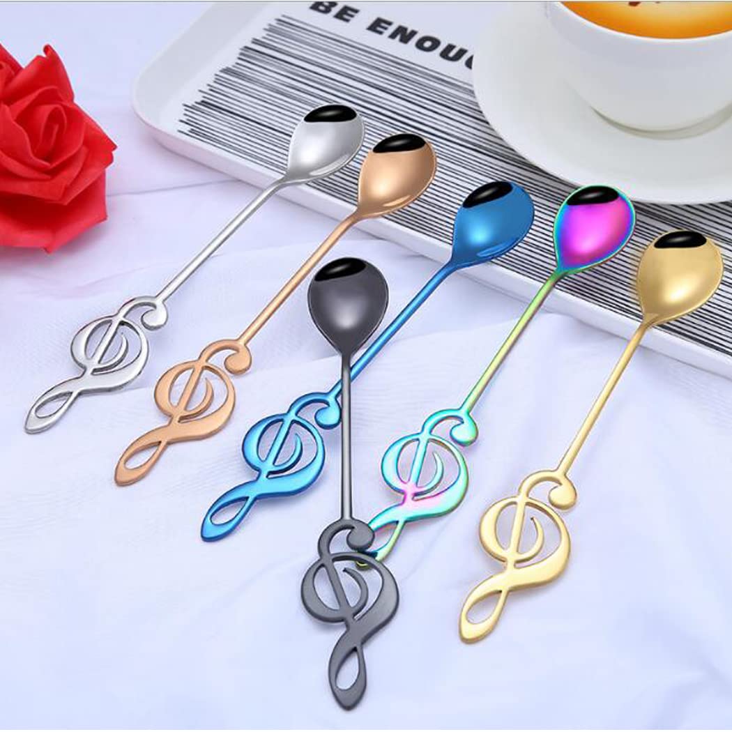 Hoshen 7-Piece Musical Note Coffee Spoon Set, 6-Inch Stainless Steel Ice Cream Tea Sugar Spoon, Espresso Stirring Spoon, Cold Drinks, Desserts, Party Stirring Tableware - 7 Colors