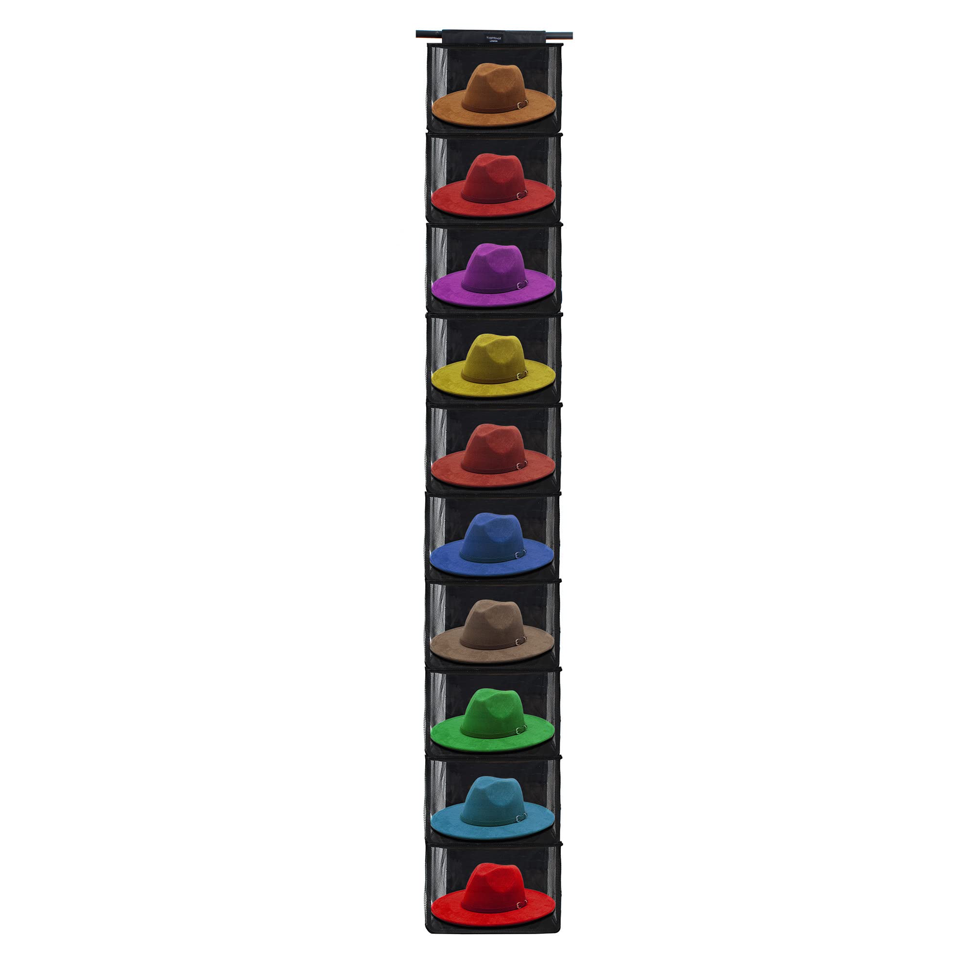 TreeHouse London XL Fedora Hat Rack with Dust Cover - Closet Hanging Cap Organizer - Pack of 2 Cowboy Hat Holder - Storage Shelf Organizer for Men & Women - For Bowler & Wide Brim Hats, Dustproof