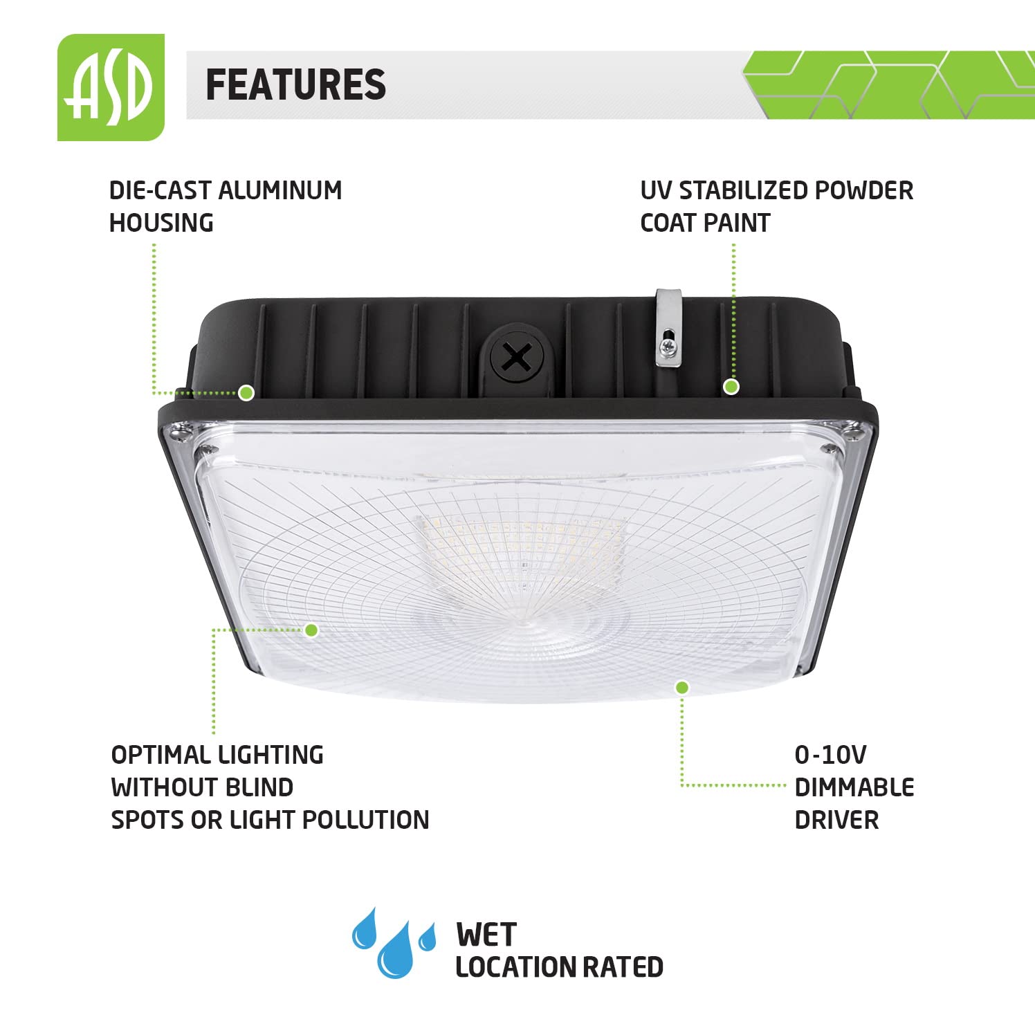 ASD LED Canopy Light 100W UL & DLC Listed, led Canopy Lights Outdoor and Indoor, Dimmable 0-10V, 12050lm, 5000K, 11"x11", 120-277V, IP65, -4℉—104℉, Brown