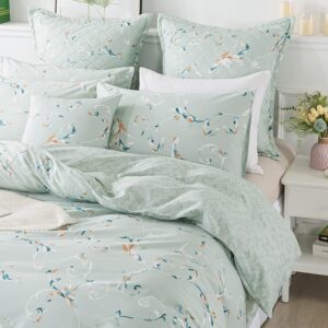 FADFAY Twin XL Duvet Cover, 100% Cotton Teal/Light Green Reversible Comforter Cover College Dorm Room Bedding Sets - Ultra Soft Pattern Printed Leaf Bedding, 3Pcs, Twin Extra Long