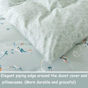 FADFAY Twin XL Duvet Cover, 100% Cotton Teal/Light Green Reversible Comforter Cover College Dorm Room Bedding Sets - Ultra Soft Pattern Printed Leaf Bedding, 3Pcs, Twin Extra Long