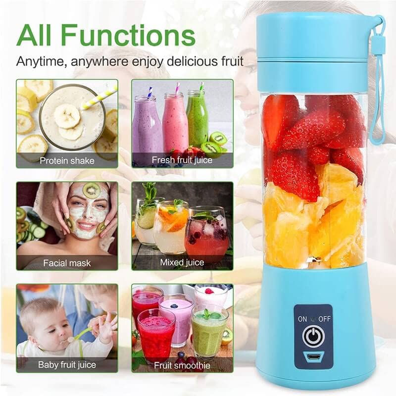 Portable Blender Smoothies Personal Blender Mini Shakes Juicer 380 ml Cup USB Rechargeable Cordless Shaker Bottle (Blue), 8x3 (Q2-6888)