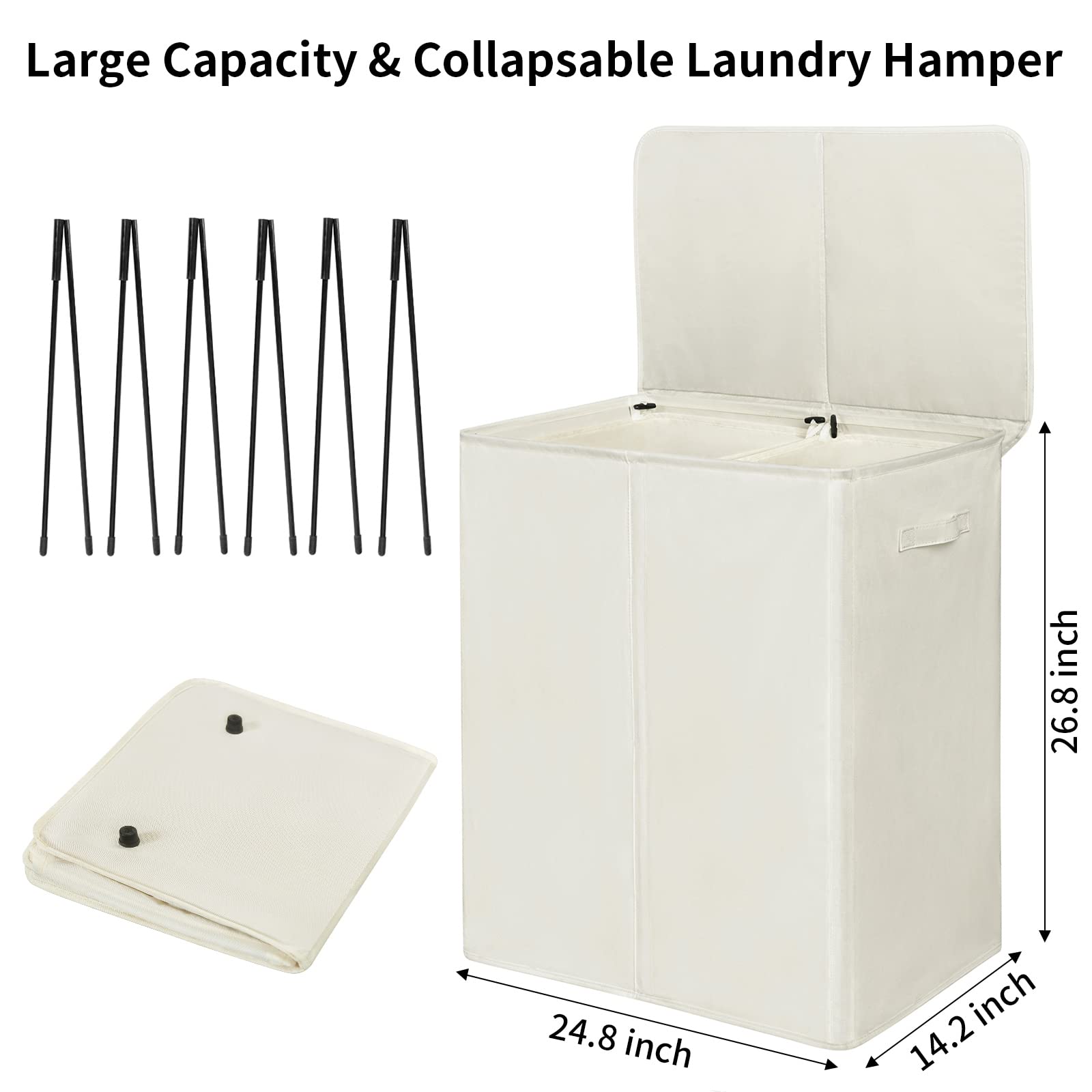 WOWLIVE 154L Double Laundry Hamper with Lid and Removable Laundry Bags, Large Dirty Clothes Hamper 2 section Collapsible Laundry Basket Dorm Room Storage for Bedroom, Bathroom, College,Beige