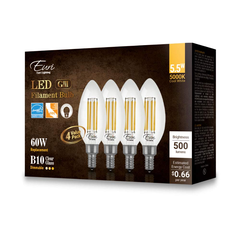 Euri Lighting VB10-3050cec-4, 4-Pack Dimmable LED B10 Filament, 5.5W (50W Equiv) 500lm, 90+ CRI, Cool White (5000K) E12, 120V, Wet Rated, UL,CA Compliant 3YR 15K HR WTY