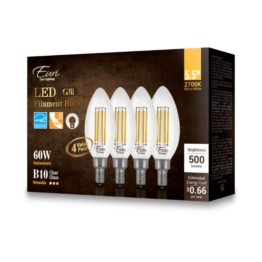 Euri Lighting VB10-3020cec-4, 4-Pack Dimmable LED B10 Filament, 5.5W (50W Equiv) 500lm, 90+ CRI, Warm White (2700K) E12, 120V, Wet Rated,JA8, CA Compliant 3YR 15K HR WTY