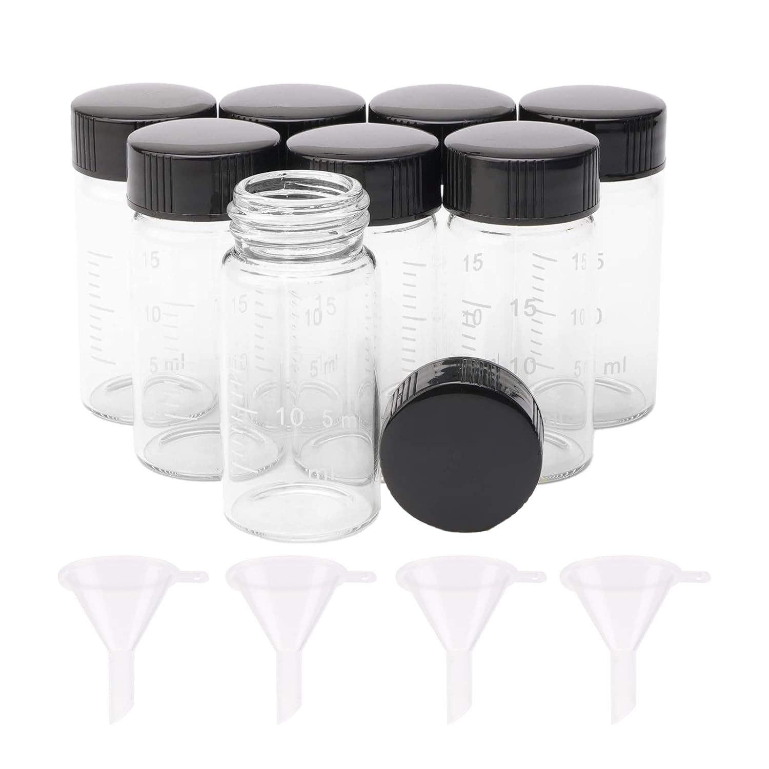 JIUWU 8 Pcs Transparent Glass Vials with Graduations 20 ml Clear Lab Sample Glass Bottles Vials Jars Tubes with 4 Funnels