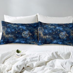 Castle Fairy Blue Galaxy Duvet Cover King Size, Golden Stars Spiral Planets Print Nebula Universe Theme Comforter Cover for Girls Teens Gift, Outer Space Mysterious Style Duvet Set with 2 Pillowcases