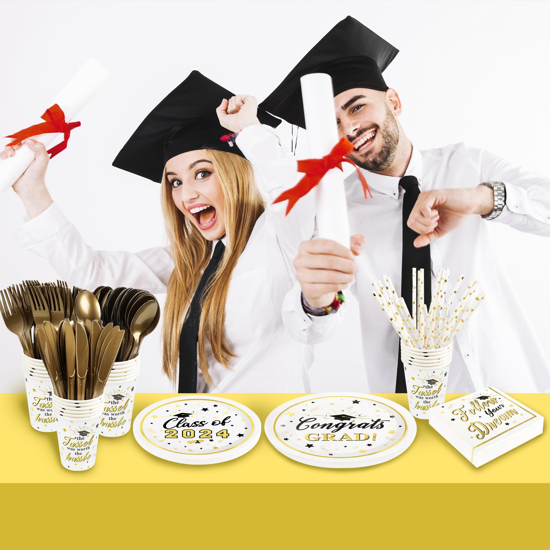 2024 Graduation Plates and Napkins Set Party Supplies Decorations, 192 Pcs Disposable Congrats Grad Paper Tableware for 24 Guests, Include 9” and 7” Plates, Napkins, Cup, Knife, Fork, Spoon and Straw