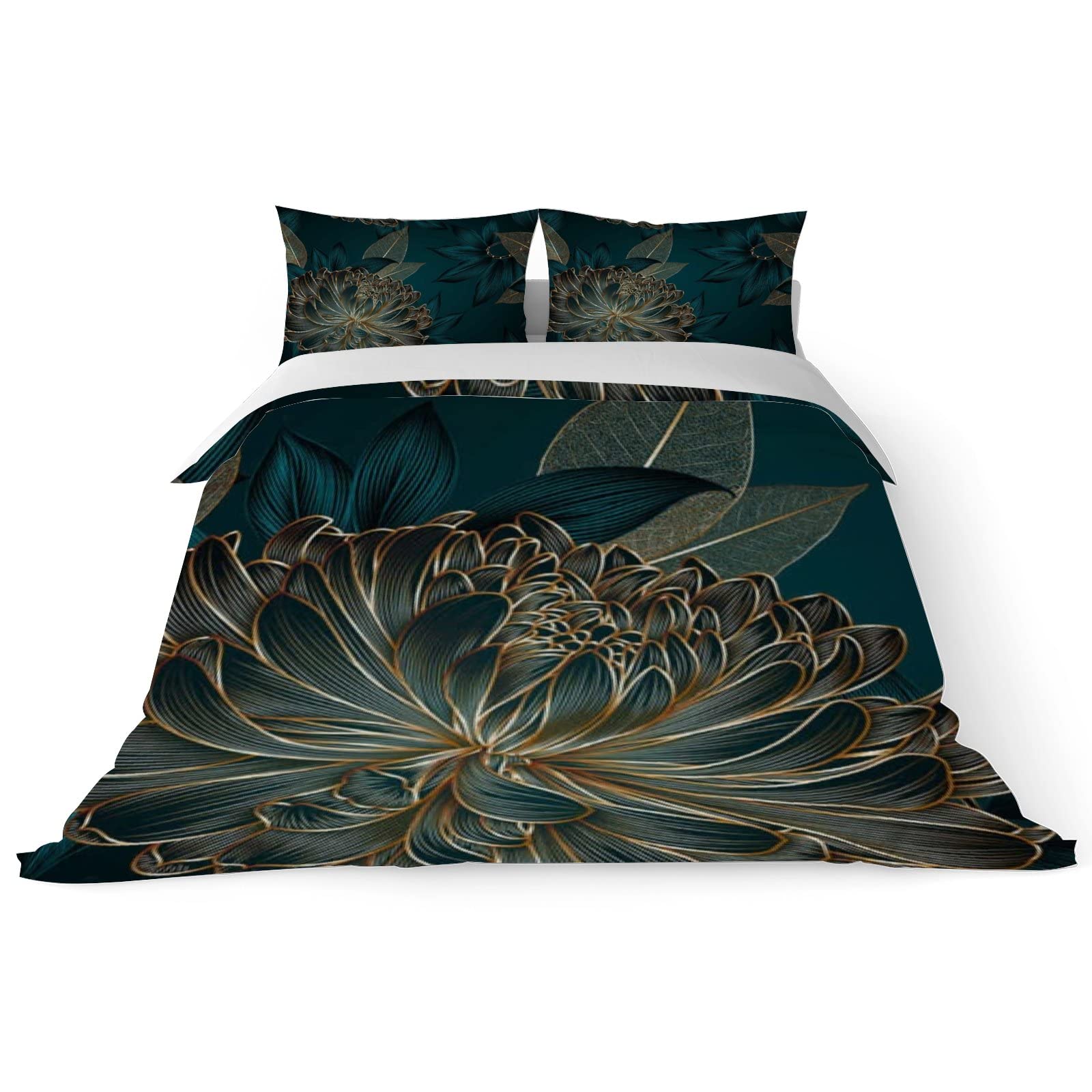 Duvet Cover Sets Queen -Abstract Elegant Chrysanthemums-Bedding Comforter Set Breathable SetsSoft Microfiber 3 Pcs