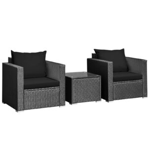 dortala 3 pieces patio furniture set, outdoor rattan sofa set with cushions, tempered glass tabletop, wicker conversation furniture set for backyard, garden, poolside, balcony, black