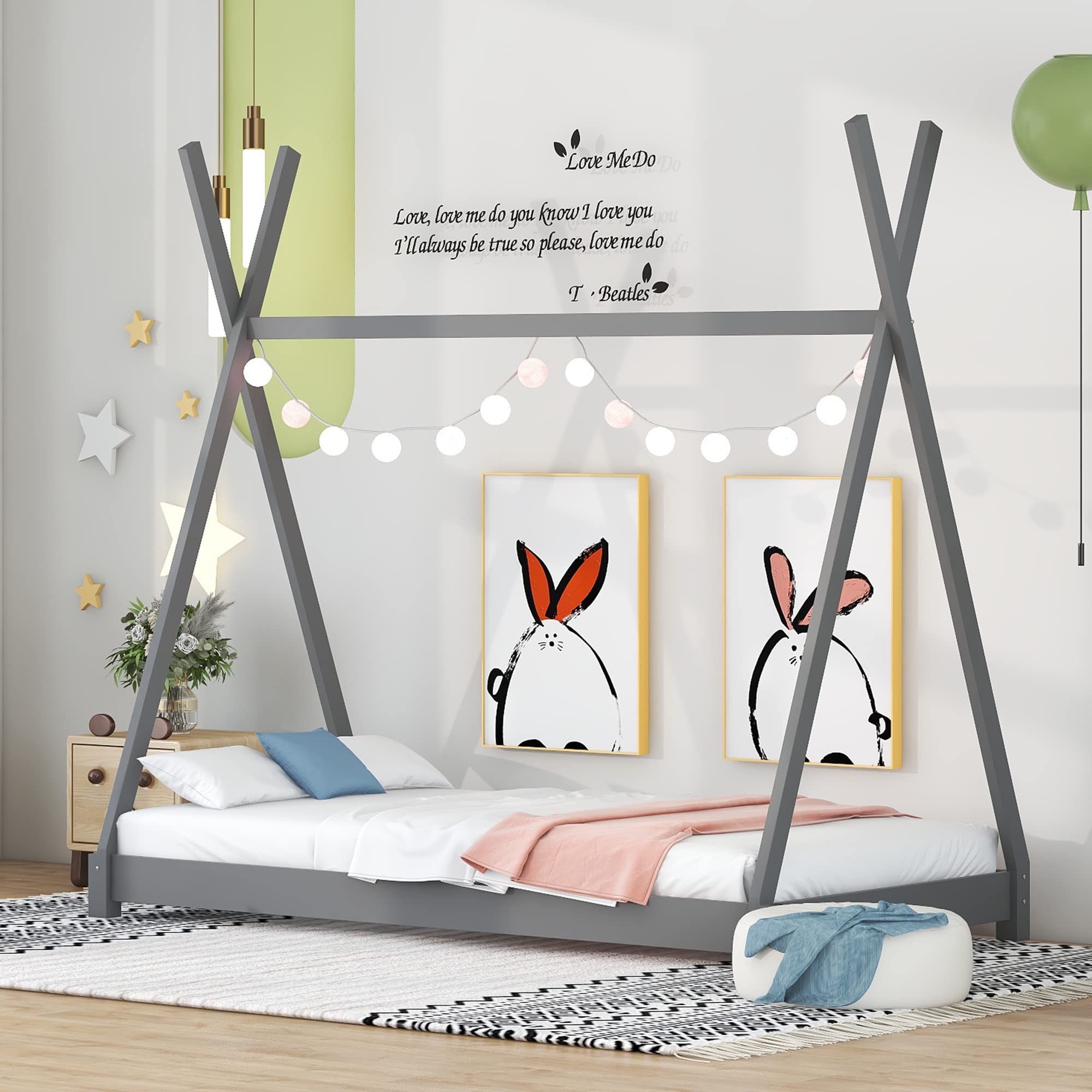 Bellemave Twin House Beds Wood Toddler House Bed Frame Montessori Style Teepee Bed for Kids Boys Girls Teens, Gray