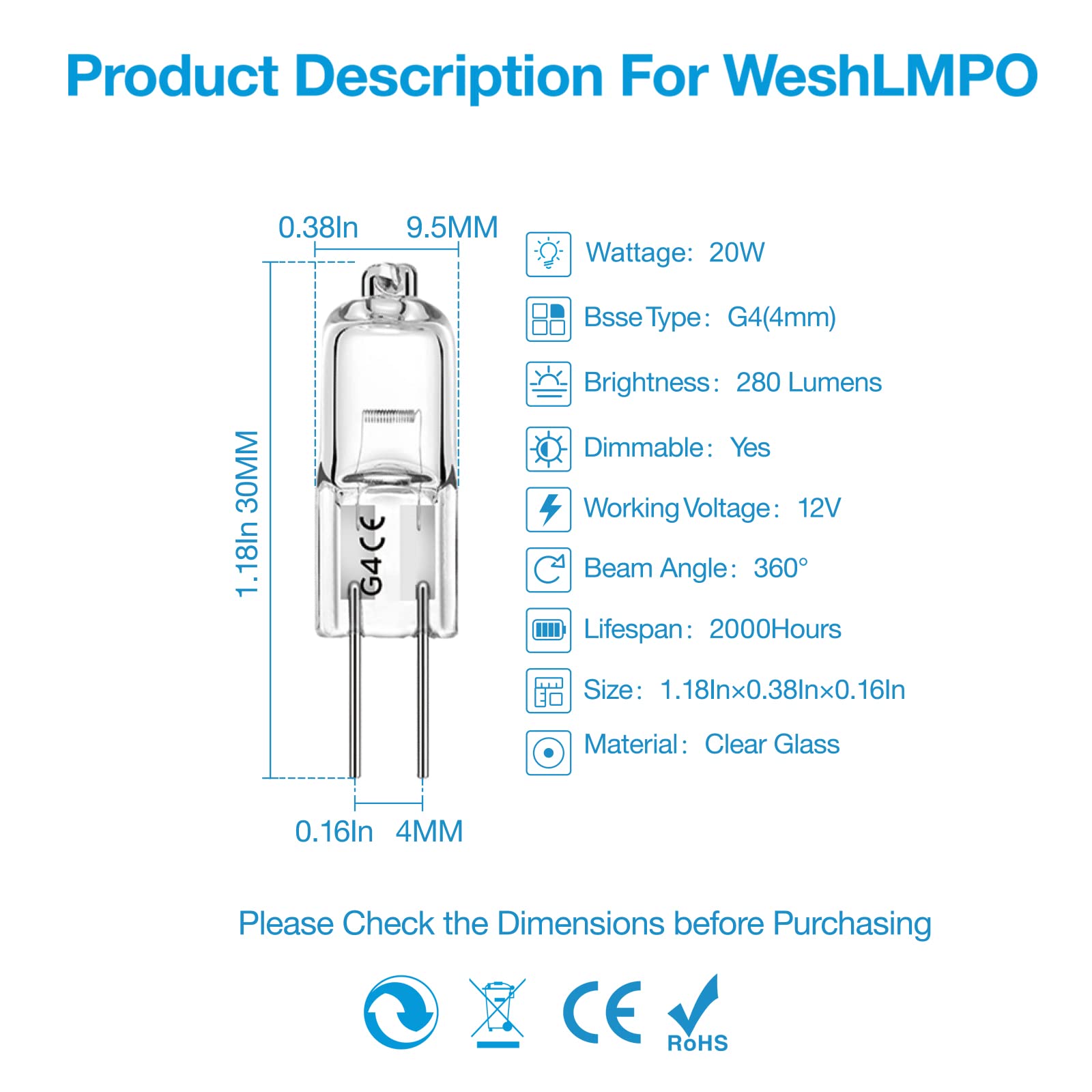 WeshLMPO G4 Bulb,12V 20W Halogen Light Bulbs 2 Pin,G4 Light Bulbs Replacement for Under Cabinet Puck Light,Chandeliers, Accent Lights, Track Lighting (12 Pack)