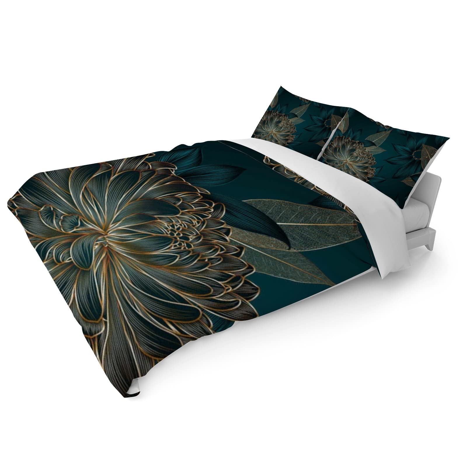 Duvet Cover Sets Queen -Abstract Elegant Chrysanthemums-Bedding Comforter Set Breathable SetsSoft Microfiber 3 Pcs