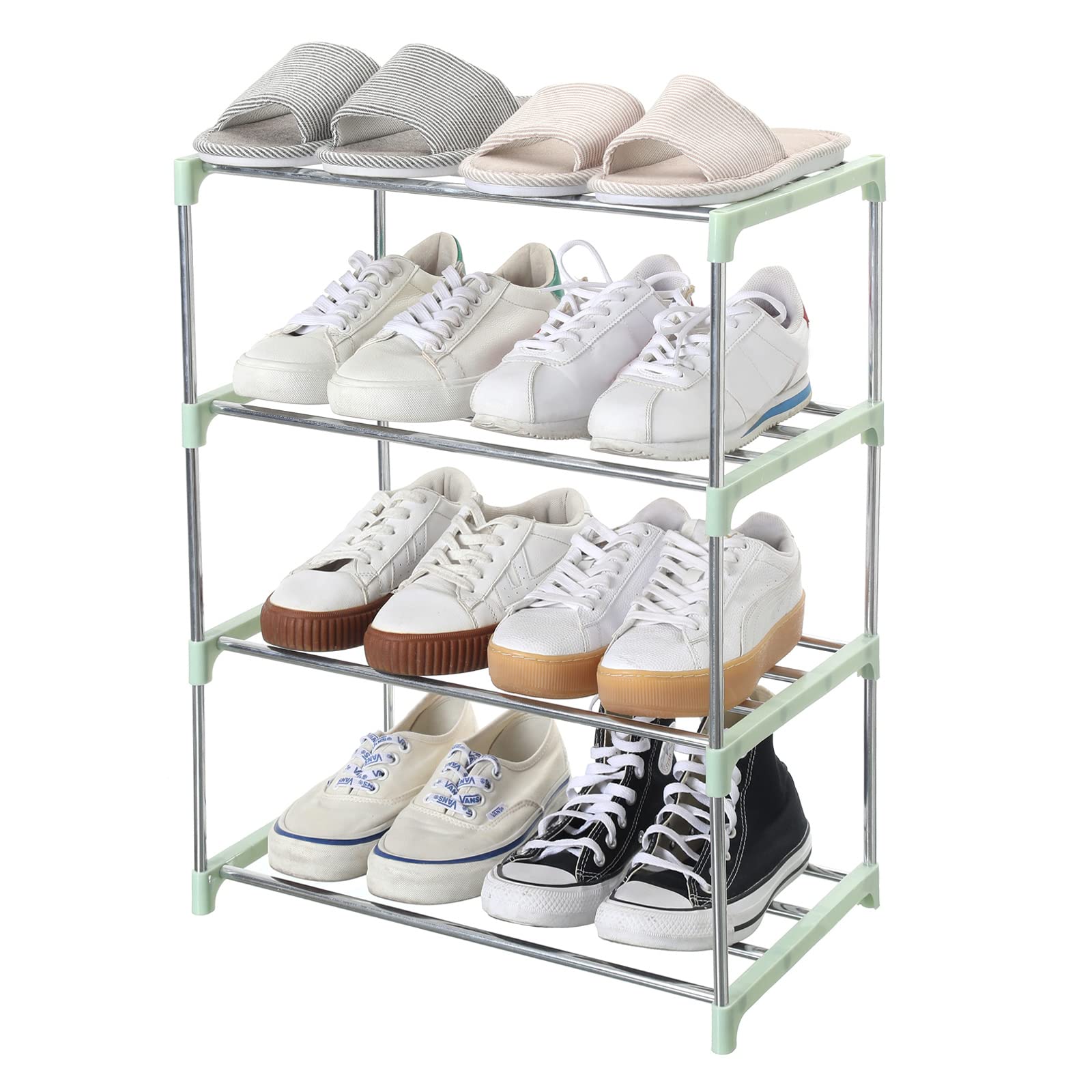 Jucaifu Stackable Small Shoe Rack, Entryway, Hallway and Closet Space Saving Storage and Organization (4-Tier, Green)