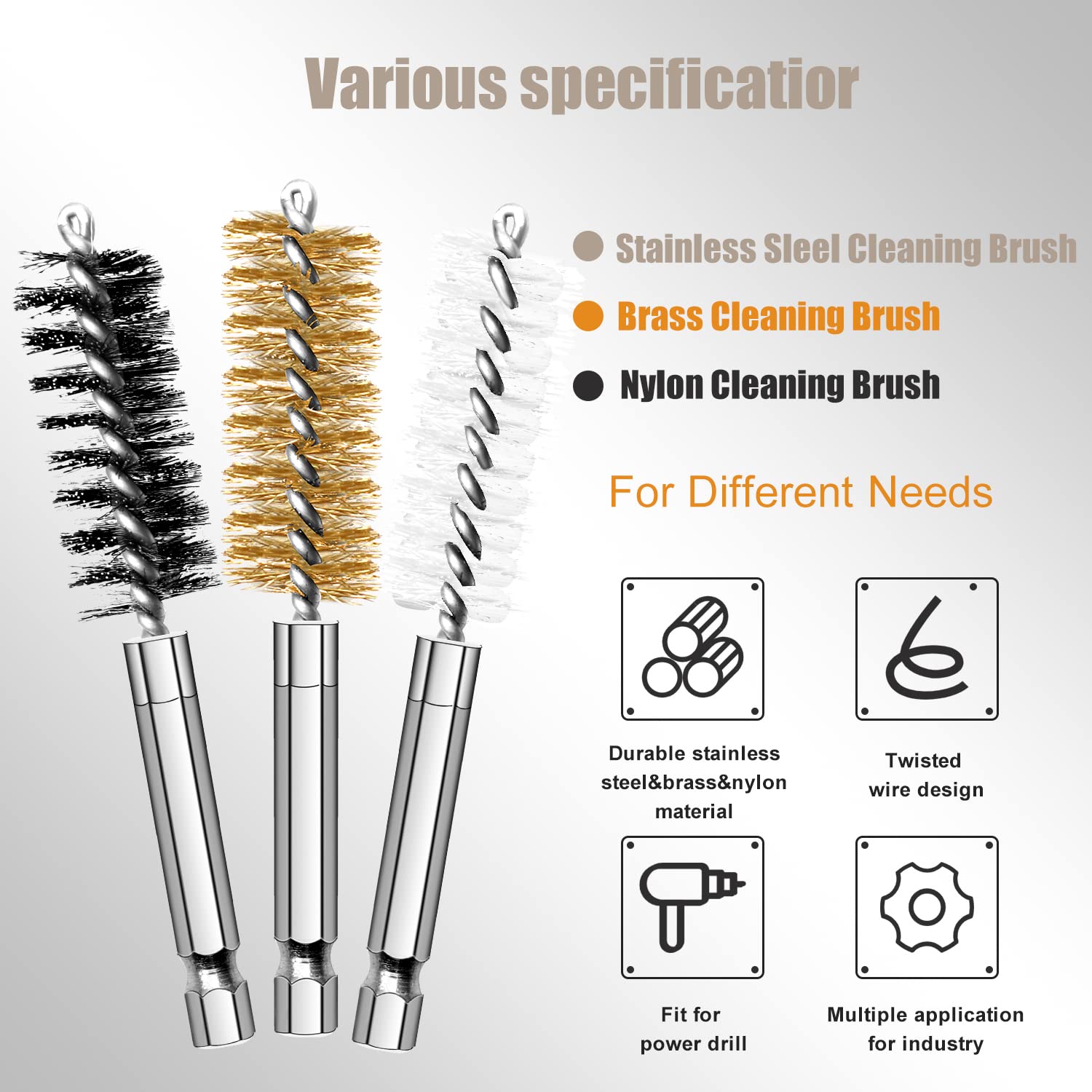 Auto Wire Brush 18-Pack Bore Brush Set Variety of Size Stainless Steel, Brass, Nylon Twisted for Cleaning Rust, 1/4in Hex Drill Shank for Power Drill Impact Driver with Handle, Extension Bar, Tool Bag