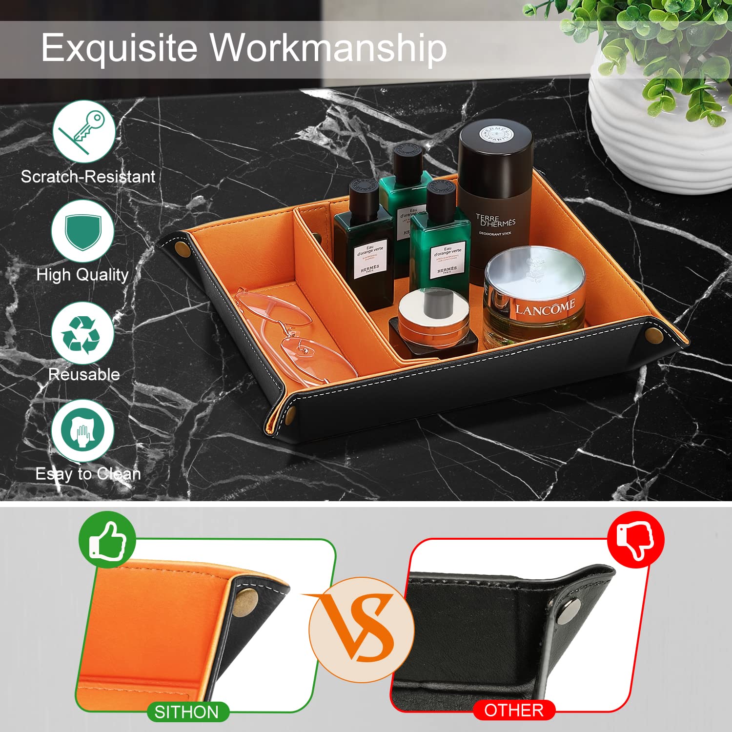 SITHON Valet Tray Desktop Storage Organizer – Removable 2 Compartments Catchall Tray Bedside Vanity Tray Nightstand Caddy Holder Desk Storage Plate, Orange