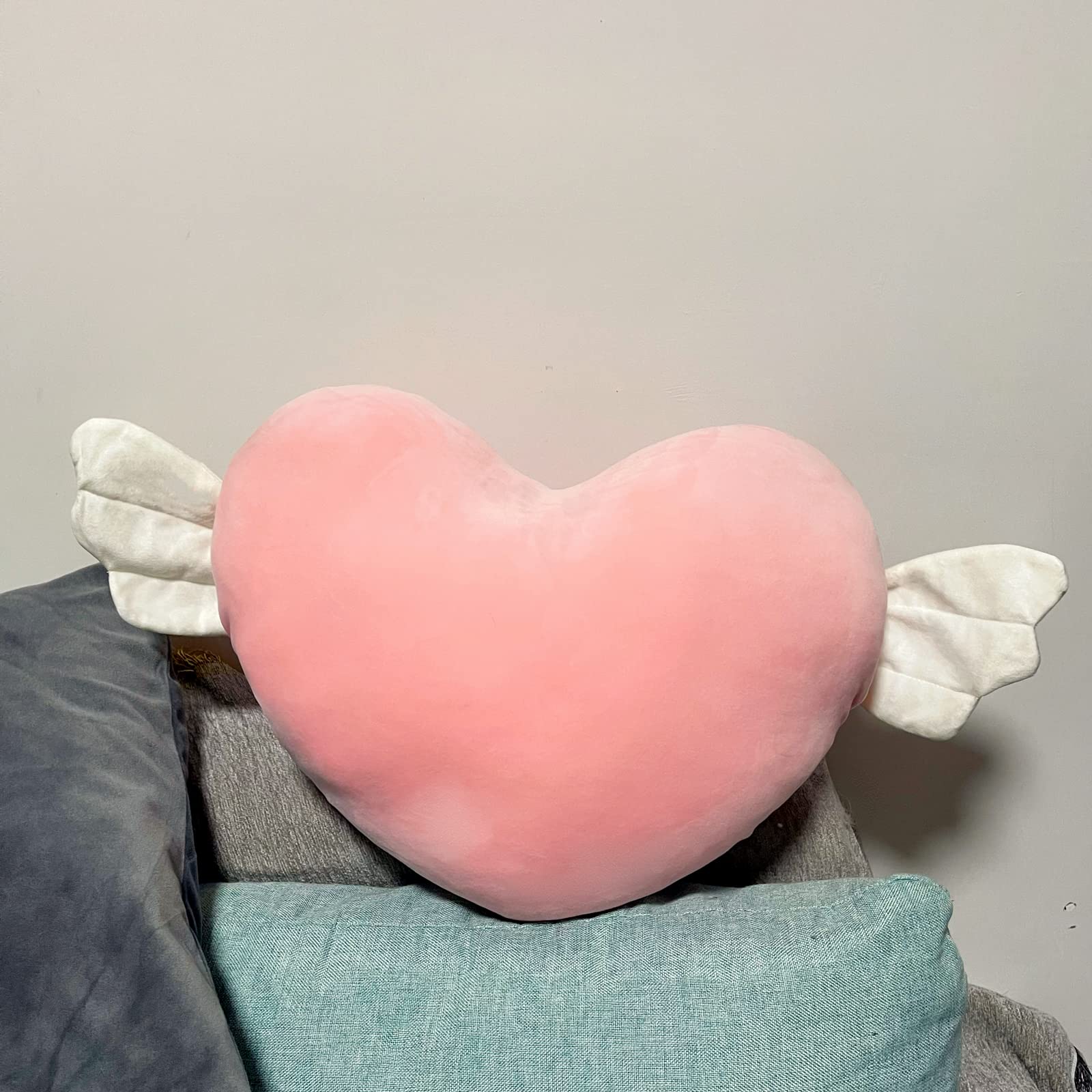 Plush Heart Shaped Pillow with Angel Wings,Soft Heart Pillow Cushion Toy Throw Pillows Valentine's Day Gift Room Office Car Decor Romantic Present