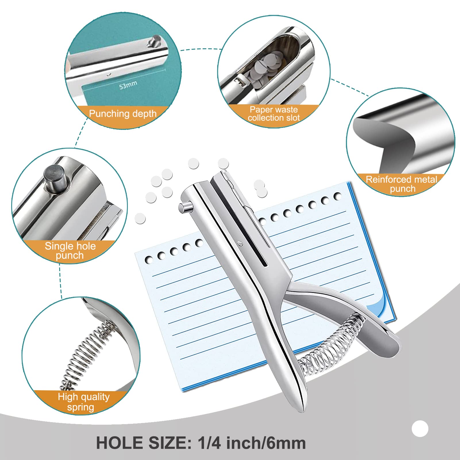 Single Hole Punch 2 Inch Reach Deep Throat Heavy Duty Hole Punch Tab Zinc Alloy Silver Long Hole Punch 1/4 Inch Hole Hand Held Leather Hole Punch for Scrapbook Tab Paper ID Card PVC Card Badge Photos