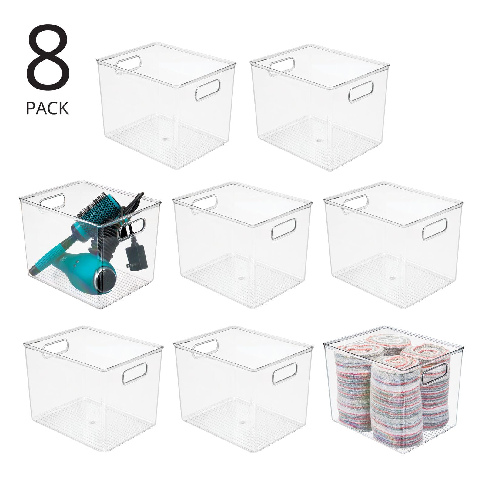 mDesign Large Plastic Bathroom Storage Organizer Bin with Handles - Organization for Bathroom Vanity, Cabinet, Closet Shelf, or Under the Bathroom Sink Organizer - Ligne Collection - 8 Pack - Clear