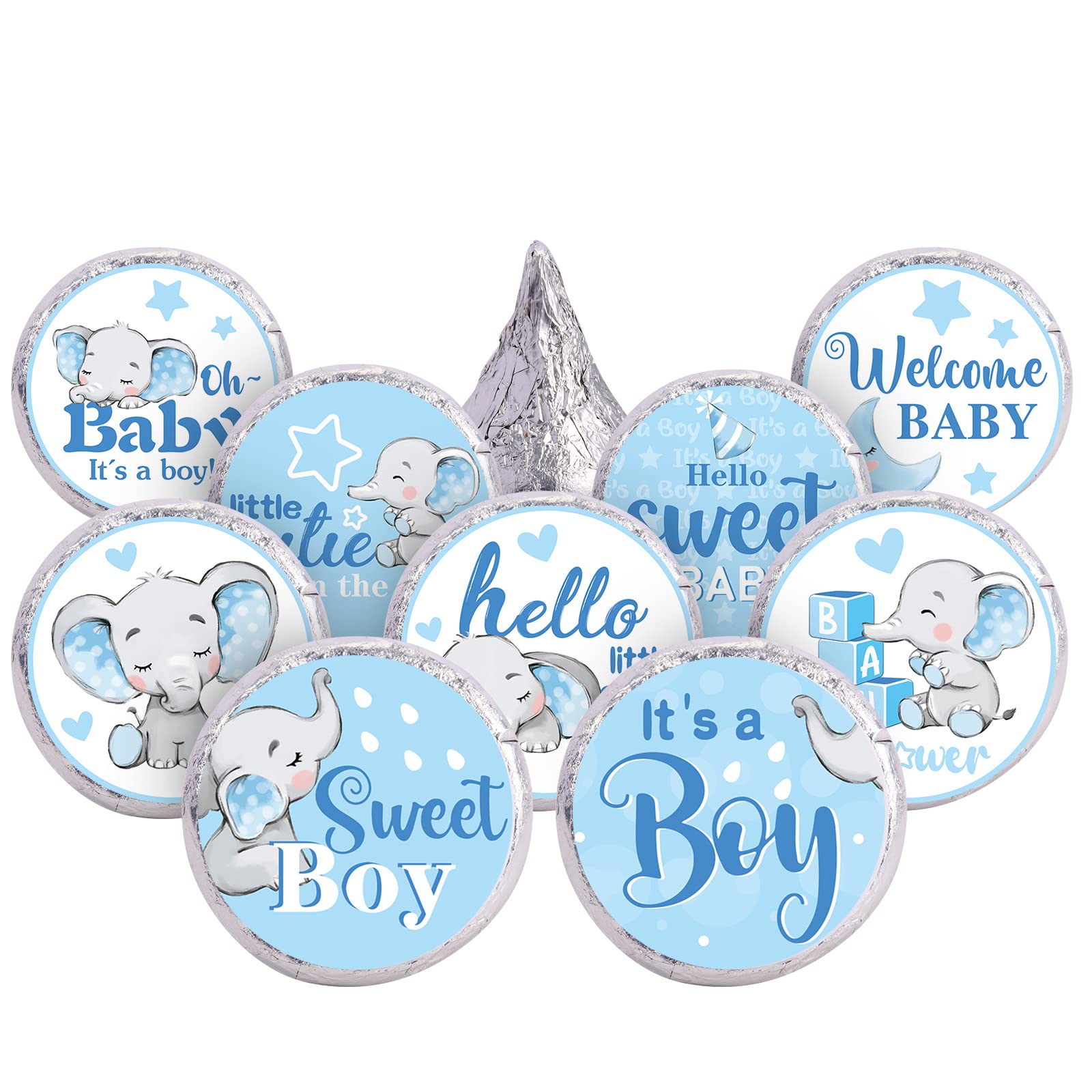 504 Pieces Baby Elephant Stickers Elephant Candy Stickers Labels Elephant Kisses Sticker Chocolate Mini Decorations for Sweet Girl Boy Baby Shower Birthday Party Supplies (Blue)