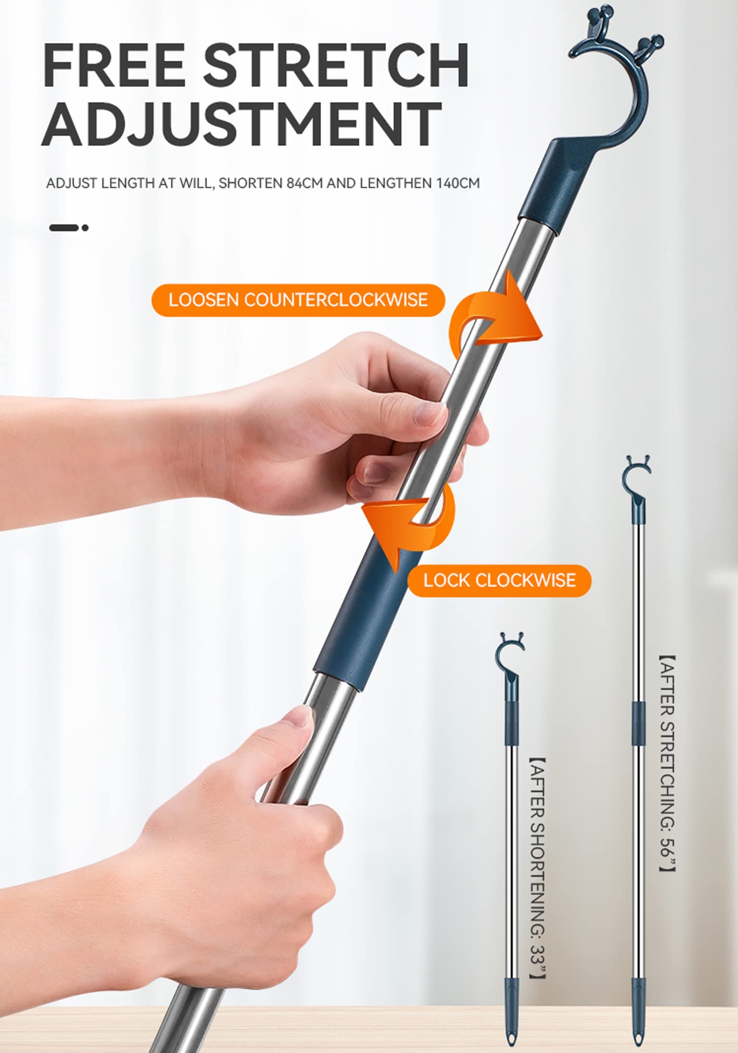 55'' Retractable Reach Sticks Extend Utility Pole Hook Adjustable Long Reach Stick for Closet/Ceiling/Shelf, Blue