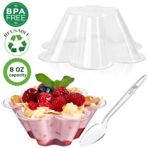 TOFLEN 8 oz Dessert Cups with Spoons, 50 Pack Clear Plastic Small Party Serving Bowls for Sundae, Parfait, Fruit, Strawberry Shortcake, Disposable Snack Bowls (Flower Shape)