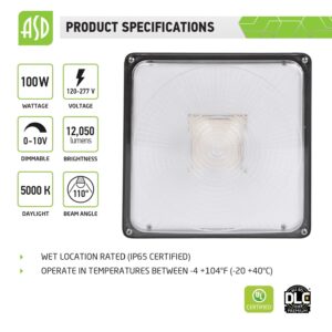 ASD LED Canopy Light 100W UL & DLC Listed, led Canopy Lights Outdoor and Indoor, Dimmable 0-10V, 12050lm, 5000K, 11"x11", 120-277V, IP65, -4℉—104℉, Brown