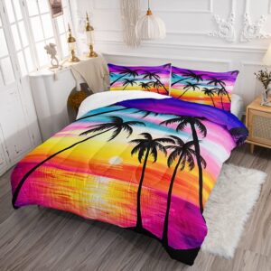 Tropical Sunset Palm Tree Comforter Set for Kids and Adults, Queen Size Sea Ocean Sunset Quilt Bedspreads with 2 Silhouette Sunset Pillowcases - 90" x 90" (Queen, Yellow)