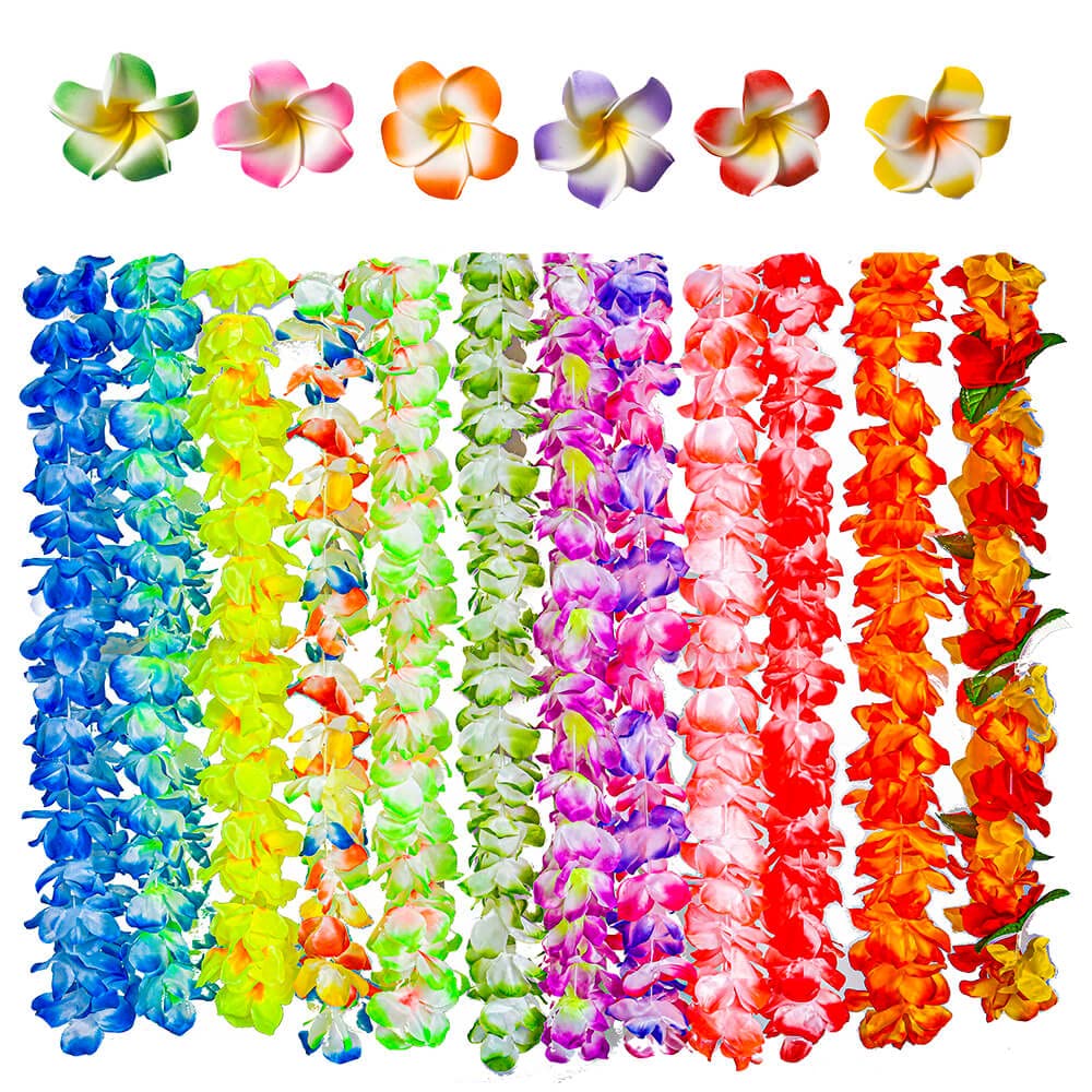 50 PCS Soft Hawaiian Leis Luau Party Decorations Tropical Favors Lei Flower Hair Clip,Headbands and Wristbands Perfect for Your Hawaii Luaus Party.