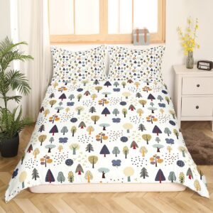 Woodland Nature Duvet Cover Twin,Cartoon Trees Print Comforter Cover for Kids Boys Girls Cabin Farmhorse Bedroom Decor Landscape Bedding Set Cute Tree Mushroom Flower Bedspread Cover Zipper Closure