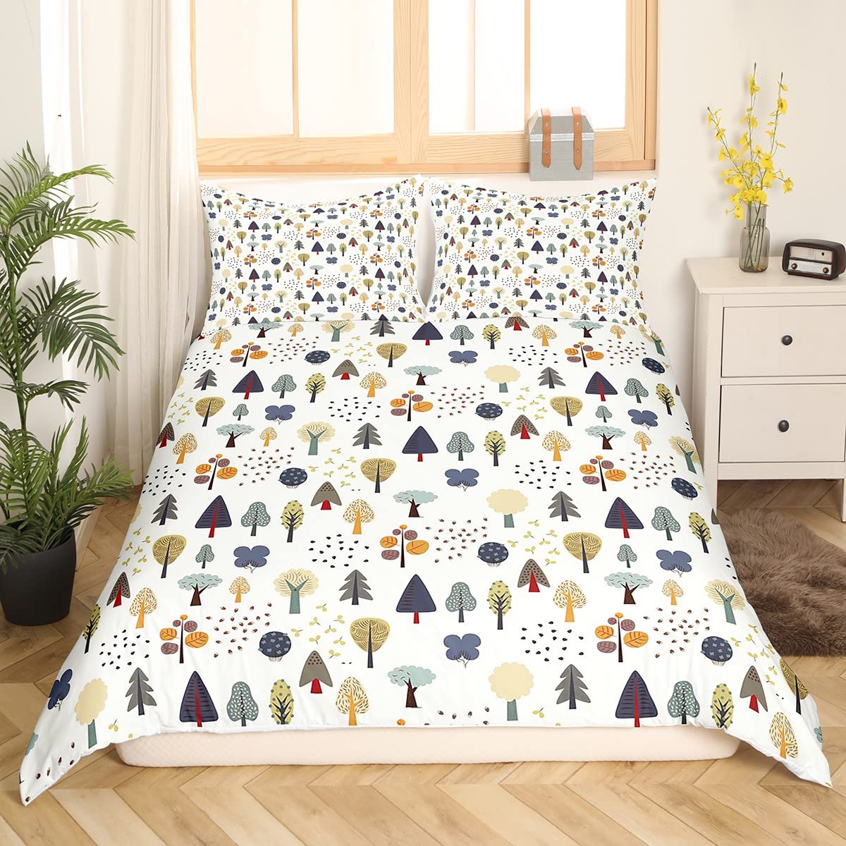 Woodland Nature Duvet Cover Twin,Cartoon Trees Print Comforter Cover for Kids Boys Girls Cabin Farmhorse Bedroom Decor Landscape Bedding Set Cute Tree Mushroom Flower Bedspread Cover Zipper Closure