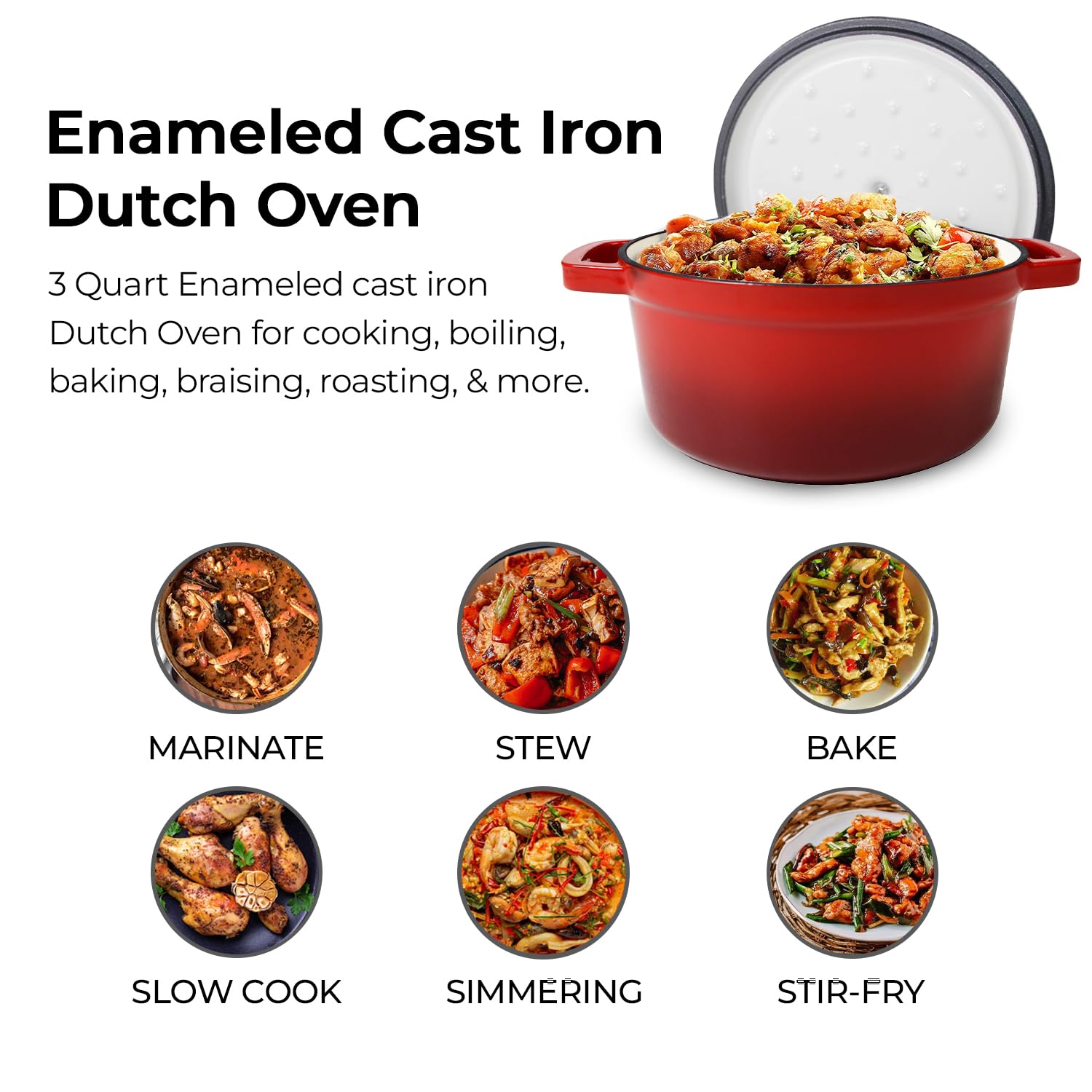 Healthy Choices 3 Qt Small Enameled Cast Iron Dutch Oven Pot with Lid, Mini Dutch Oven for Sourdough Bread Baking, Enamel Coating Cookware, Christmas Gift for Mom, Oven Safe upto 500° F, Red