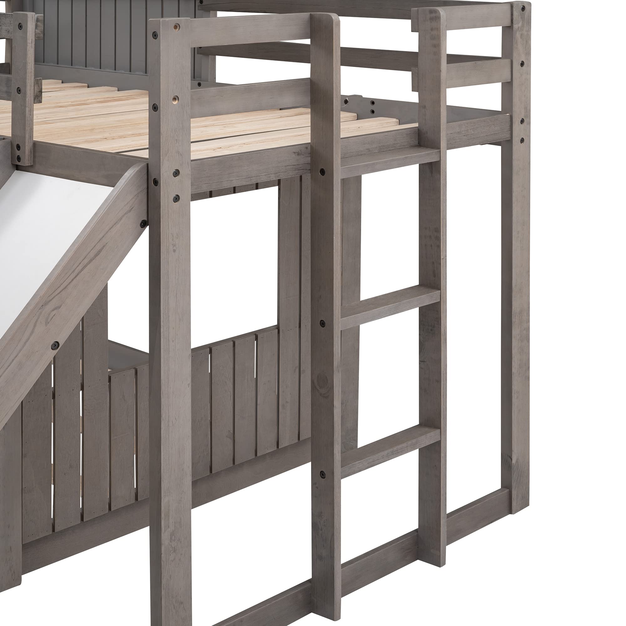 Harper & Bright Designs Twin Over Full Bunk Bed with Slide and Roof, Wood House Bunk Bed with Ladder and Guardrails, Playhouse Bed for Kids Teens Girls Boys – Antique Gray