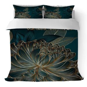 Duvet Cover Sets Queen -Abstract Elegant Chrysanthemums-Bedding Comforter Set Breathable SetsSoft Microfiber 3 Pcs