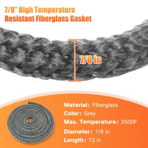 Wood Stove Gasket (7/8" x 72" Rope), Wood Stove Door Gasket, Grey Color Fiberglass Gasket, Wood Stove Door Seal, 7/8 in High Temperature Resistant Wood Stove Gasket Rope