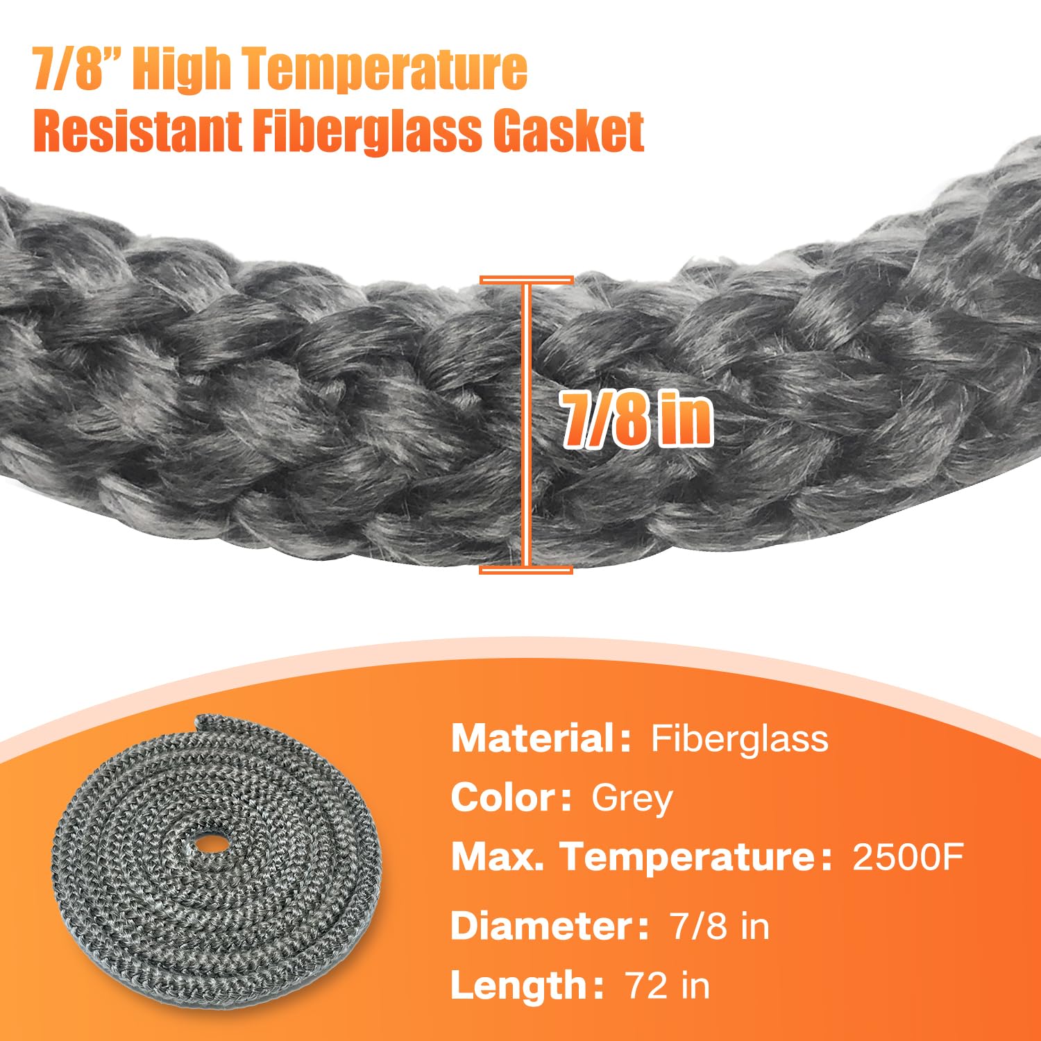 Wood Stove Gasket (7/8" x 72" Rope), Wood Stove Door Gasket, Grey Color Fiberglass Gasket, Wood Stove Door Seal, 7/8 in High Temperature Resistant Wood Stove Gasket Rope